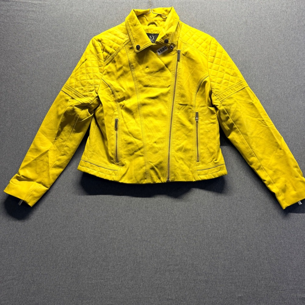 New York & Company Yellow Faux Leather Moto Jacket Quilted Shoulder Womens Large